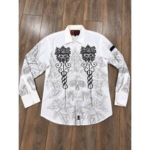 Rebel Spirit Shirt Mens XL White Skull Gothic Biker Y2K Button Up Long Sleeve